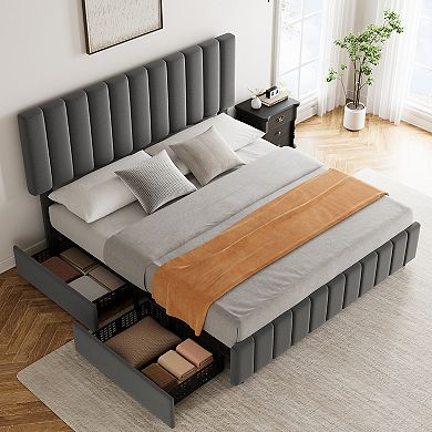 Bed Frame Linen Upholstered Platform Bed with Storage Drawers, Adjustable Height, Easy Assembly