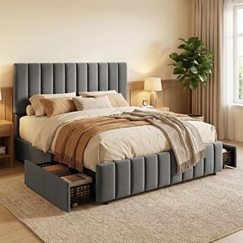 Bed Frame Linen Upholstered Platform Bed with Storage Drawers, Adjustable Height, Easy Assembly