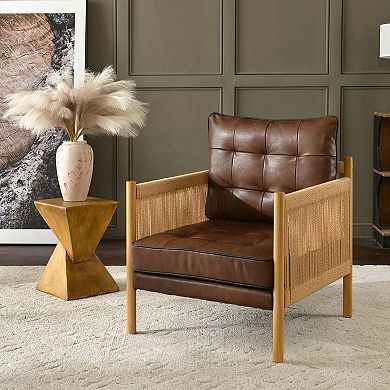 Top-grain Genuine Leather Accent Chair With Jute Rope Wrapped Arms