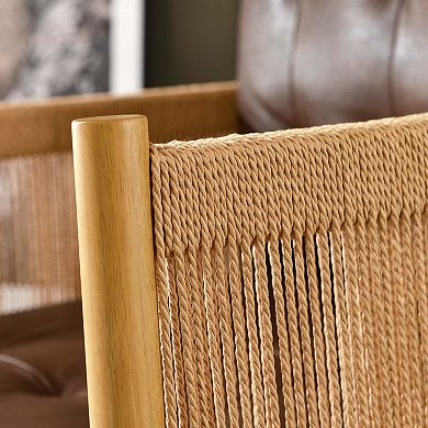 Top-grain Genuine Leather Accent Chair With Jute Rope Wrapped Arms