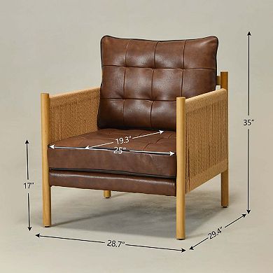 Top-grain Genuine Leather Accent Chair With Jute Rope Wrapped Arms
