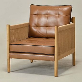 Top-grain Genuine Leather Accent Chair With Jute Rope Wrapped Arms