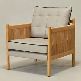 Top-grain Genuine Leather Accent Chair With Jute Rope Wrapped Arms