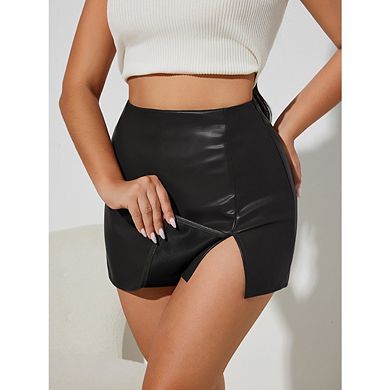 Women PU Leather High Waisted Short Skirt Bodycon Stretchy Split Hem Hip Wrap Mini Skirt