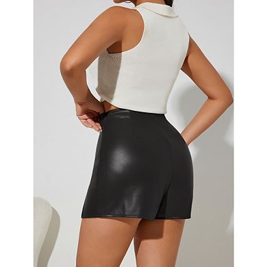 Women PU Leather High Waisted Short Skirt Bodycon Stretchy Split Hem Hip Wrap Mini Skirt
