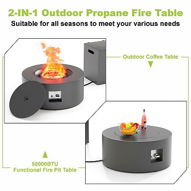30" Round Propane Fire Pit Table - 50K BTU with Lid, Rocks Tank Storage and Cover
