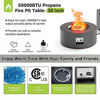 30" Round Propane Fire Pit Table - 50K BTU with Lid, Rocks Tank Storage and Cover