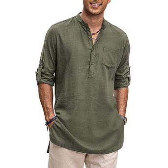 COOFANDY Mens Cotton Linen Shirts Long Sleeve Collarless Henley Shirts Casual Kurta with Pocket