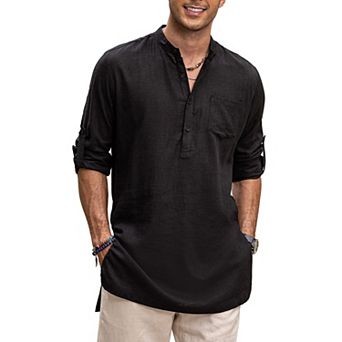 COOFANDY Mens Cotton Linen Shirts Long Sleeve Collarless Henley Shirts Casual Kurta with Pocket