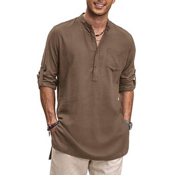 COOFANDY Mens Cotton Linen Shirts Long Sleeve Collarless Henley Shirts Casual Kurta with Pocket