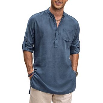 COOFANDY Mens Cotton Linen Shirts Long Sleeve Collarless Henley Shirts Casual Kurta with Pocket