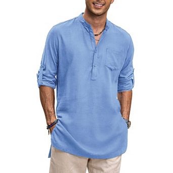 COOFANDY Mens Cotton Linen Shirts Long Sleeve Collarless Henley Shirts Casual Kurta with Pocket