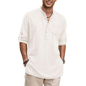 COOFANDY Mens Cotton Linen Shirts Long Sleeve Collarless Henley Shirts Casual Kurta with Pocket