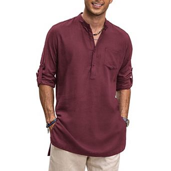 COOFANDY Mens Cotton Linen Shirts Long Sleeve Collarless Henley Shirts Casual Kurta with Pocket