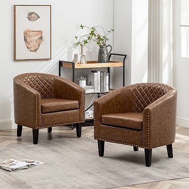 Tufted Faux Leather Small Barrel Club Chair Set of 2