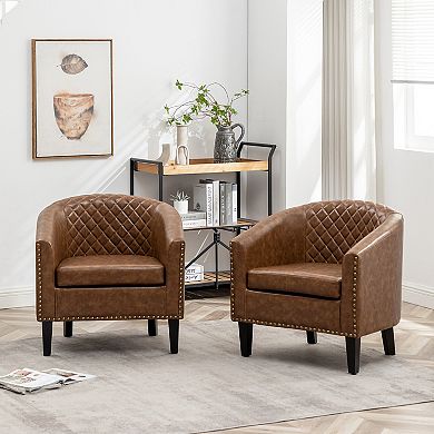 Tufted Faux Leather Small Barrel Club Chair Set of 2