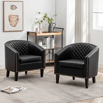 Tufted Faux Leather Small Barrel Club Chair Set of 2