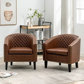 Tufted Faux Leather Small Barrel Club Chair Set of 2