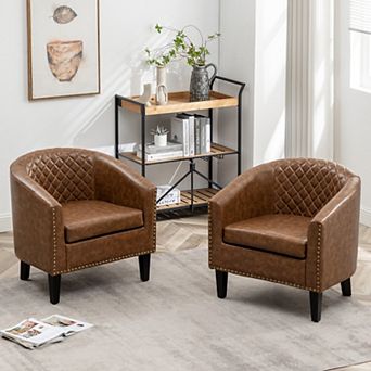 Tufted Faux Leather Small Barrel Club Chair Set of 2