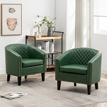 Tufted Faux Leather Small Barrel Club Chair Set of 2