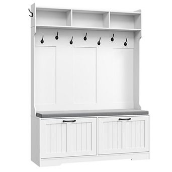 Hall Tree Entryway Bench with Shoe Cabinet, 9 Hooks, Open Shelves