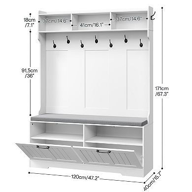 Hall Tree Entryway Bench with Shoe Cabinet, 9 Hooks, Open Shelves