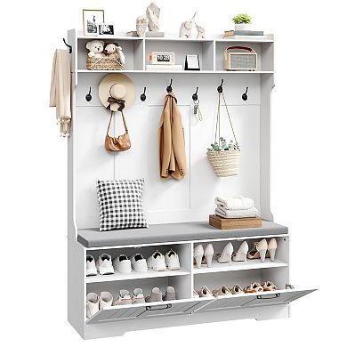 Hall Tree Entryway Bench with Shoe Cabinet, 9 Hooks, Open Shelves