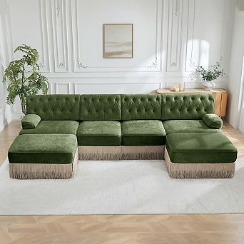 Button-Tufted Modular Sectional Sofa with 2 Ottomans-Sillysis