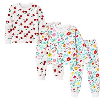 Kids Girls Cherries Flowers 2-Pack Pajamas Snug Fit PJs Long Sleeve