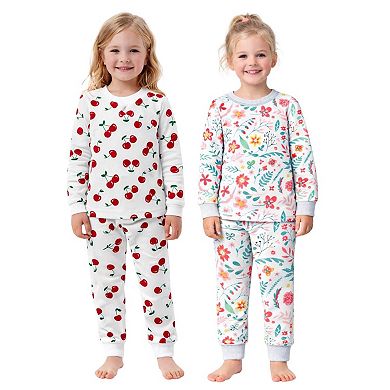 Kids Girls Cherries Flowers 2-Pack Pajamas Snug Fit PJs Long Sleeve