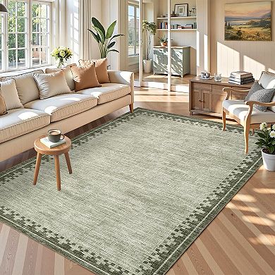 Modern Bordered Area Rug Non Slip Foldable Low Pile Ultra Thin Pet Friendly Floor Cover for Bedroom