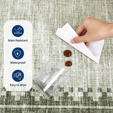 Modern Bordered Area Rug Non Slip Foldable Low Pile Ultra Thin Pet Friendly Floor Cover for Bedroom