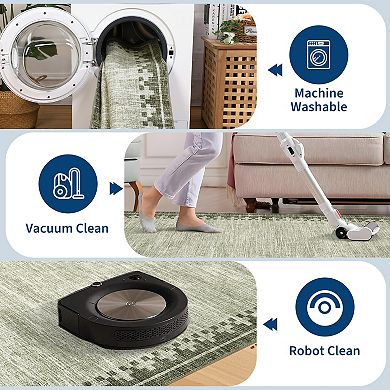 Modern Bordered Area Rug Non Slip Foldable Low Pile Ultra Thin Pet Friendly Floor Cover for Bedroom