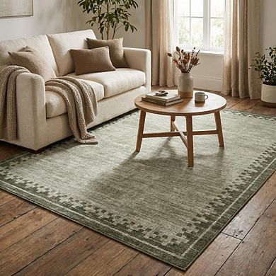 Modern Bordered Area Rug Non Slip Foldable Low Pile Ultra Thin Pet Friendly Floor Cover for Bedroom