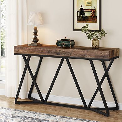 Slim Industrial Entryway Table with Metal Base, Wood Look Sofa Table for Small Spaces
