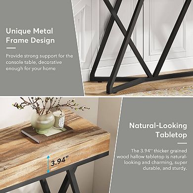 Slim Industrial Entryway Table with Metal Base, Wood Look Sofa Table for Small Spaces