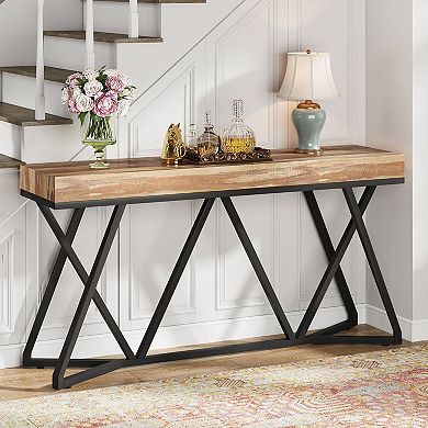 Slim Industrial Entryway Table with Metal Base, Wood Look Sofa Table for Small Spaces
