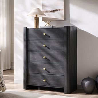 Modern 5 Drawer Dresser with Curved Profile, 39.6 "Tall Wooden Chest with Golden Metal Handles