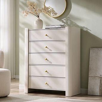 Modern 5 Drawer Dresser with Curved Profile, 39.6 "Tall Wooden Chest with Golden Metal Handles