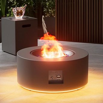 30" Round Iron Fire Pit, 50000 BTU with LED Light & Lid, for Home & Camping (Black/Golden Light)