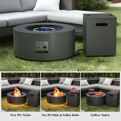 30" Round Iron Fire Pit, 50000 BTU with LED Light & Lid, for Home & Camping (Black/Golden Light)