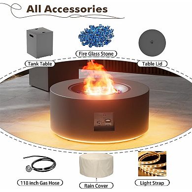 30" Round Iron Fire Pit, 50000 BTU with LED Light & Lid, for Home & Camping (Black/Golden Light)