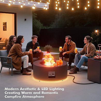 30" Round Iron Fire Pit, 50000 BTU with LED Light & Lid, for Home & Camping (Black/Golden Light)