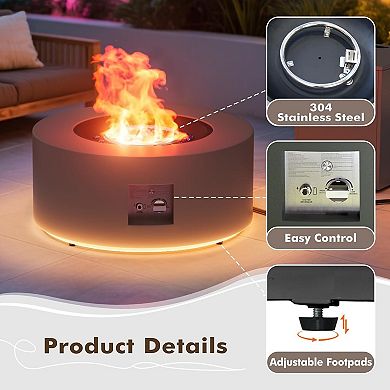 30" Round Iron Fire Pit, 50000 BTU with LED Light & Lid, for Home & Camping (Black/Golden Light)