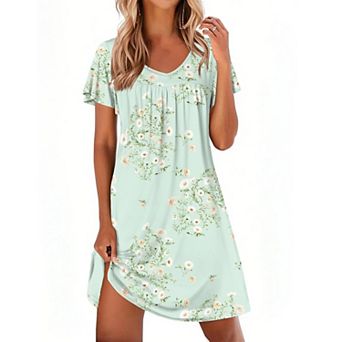Ekouaer Nightgowns for Women Short Sleeve Sleep Shirts Pleated Night Dress V Neck Night Shirts Soft