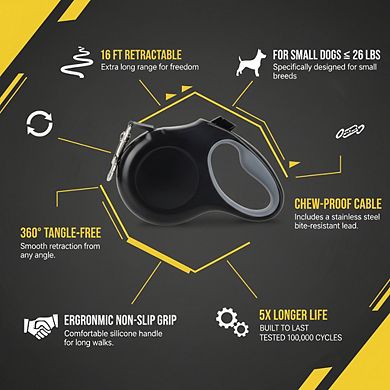 16Ft Retractable Dog Leash for Small Dogs up to 26lbs, 360° Tangle Free Black