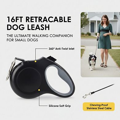 16Ft Retractable Dog Leash for Small Dogs up to 26lbs, 360° Tangle Free Black