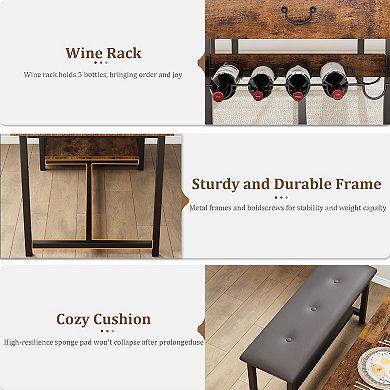 Farmhouse Dining Table Set for 4, Kitchen Dining Table Set with Upholstered Benches