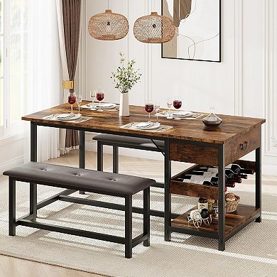 Farmhouse Dining Table Set for 4, Kitchen Dining Table Set with Upholstered Benches