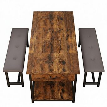 Farmhouse Dining Table Set for 4, Kitchen Dining Table Set with Upholstered Benches